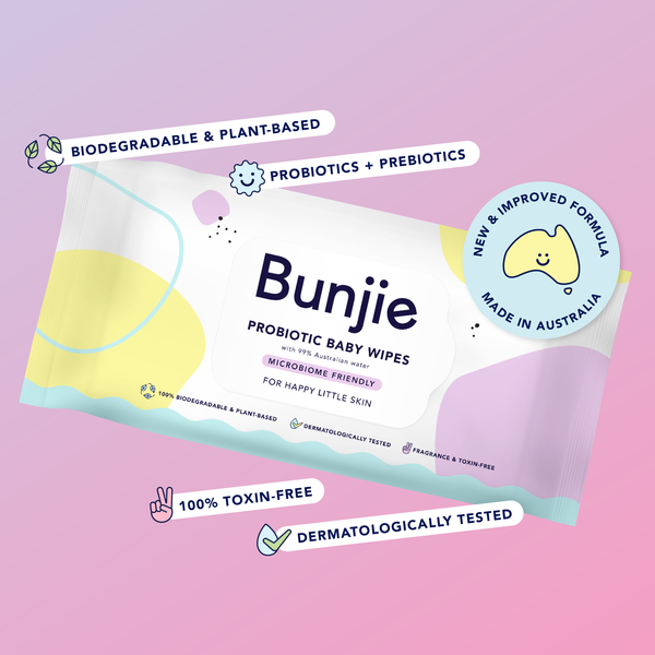 Bunjie Biodegradable & Plant-Based Wipes with Probiotics and Prebiotics. 100% Toxin-Free and Dermatologically Tested