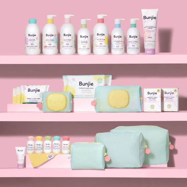 My All Star Shelfie includes all Bunjie Skincare, Bath Time Essentials, Wipes and Pouches